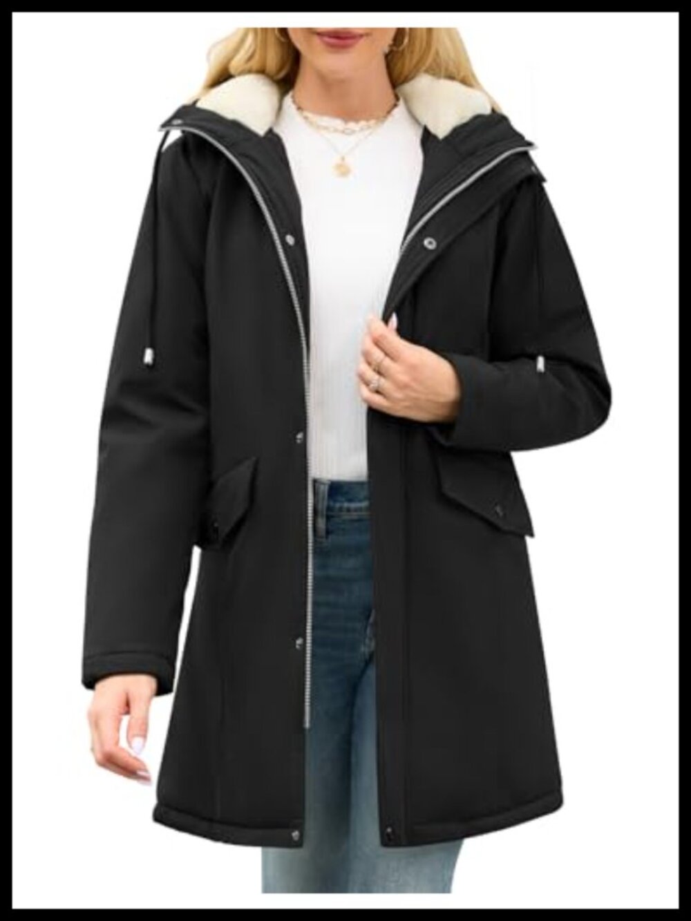Women's Fleece Lined Water-Repellent Winter Rain Jacket with Hood & Pockets